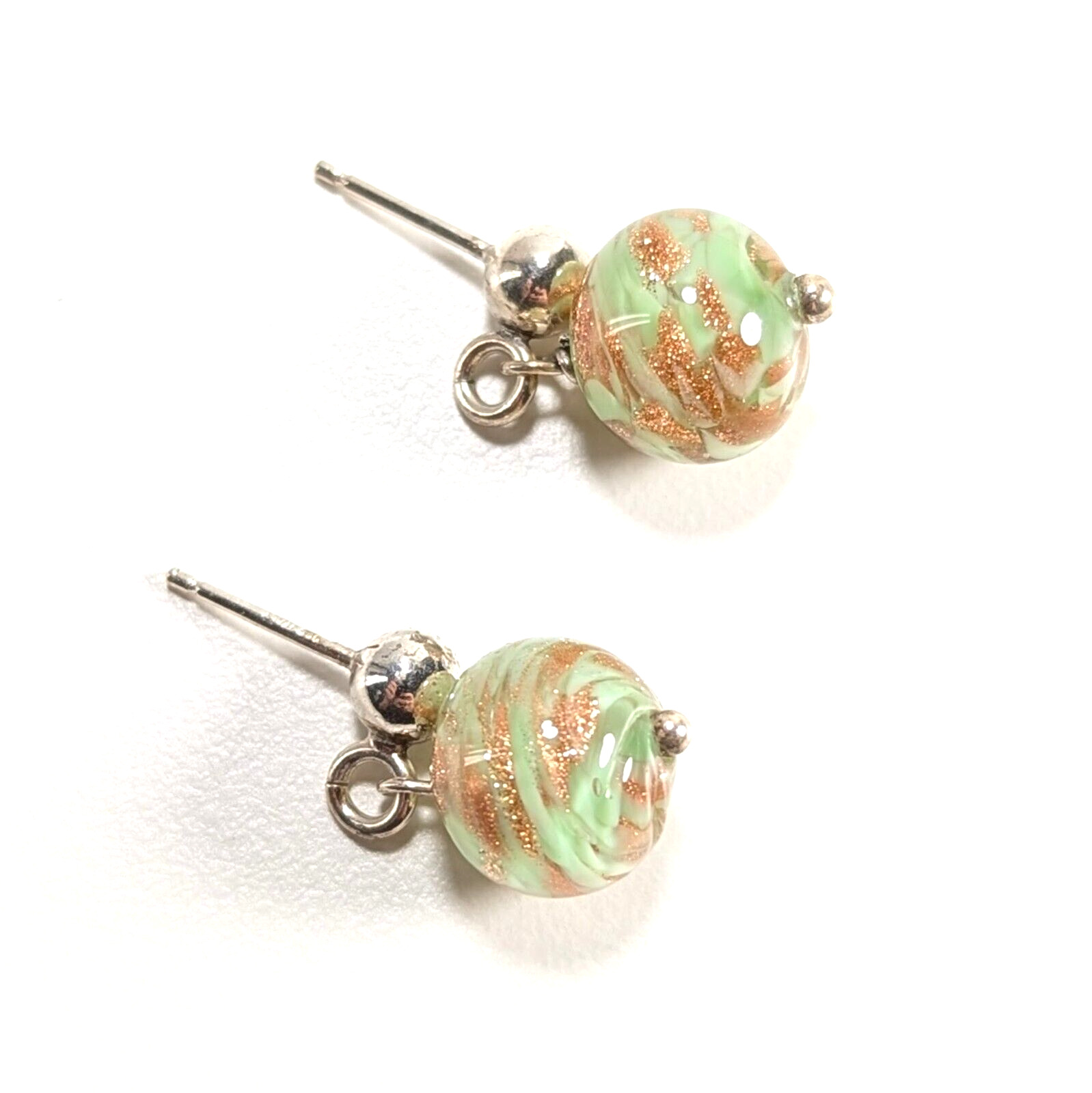 Sterling Silver Glass Green Orange Dangle Drop Round Vintage Earrings 3.7g