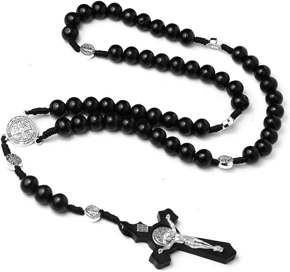 Wood Beads Rosary Necklace Handmade Wooden Resin Crucifix Rosary Beads Chain Pen