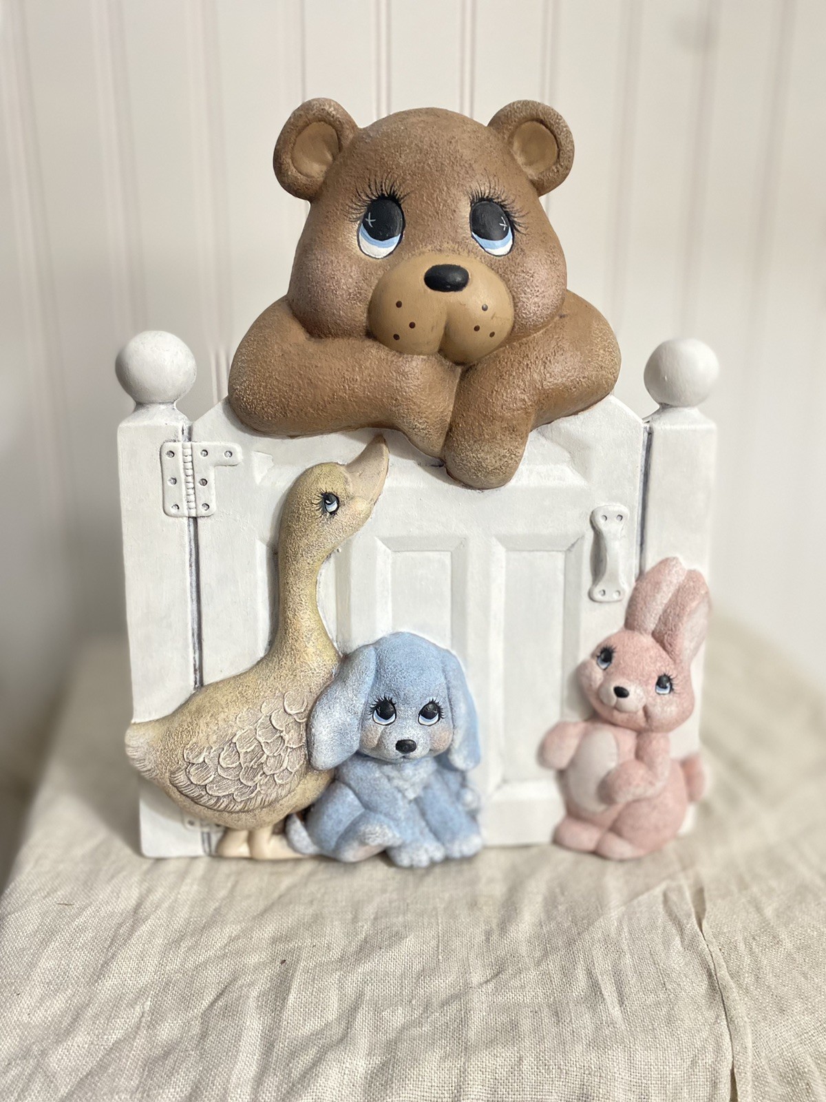 VTG 80s Ceramic Whimsical Nursery Wall Plaque Bear Duck Dog Bunny Cottage Hand