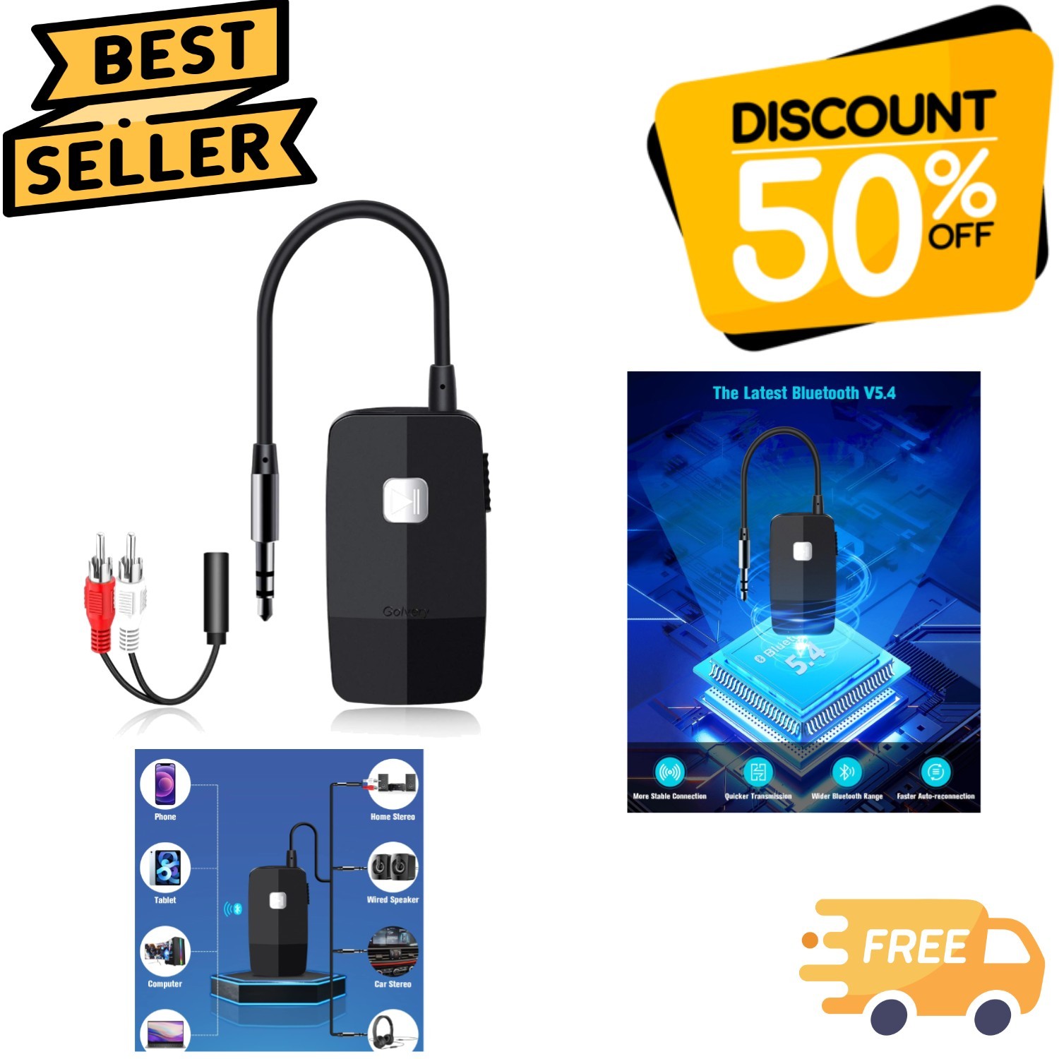 Upgraded Bluetooth 5.4 Audio Receiver - Dual Device Connection & 20-Hour Play...