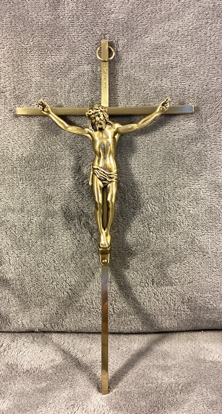Vintage Brass Crucifix Cross Engraved INRI, 10" x 5" Wall Hanging