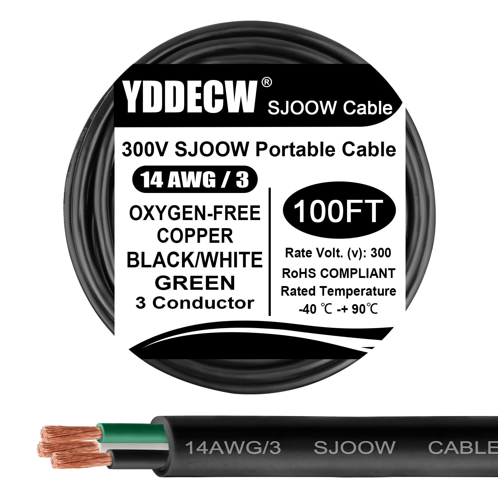 100ft 14/3 SJOOW 300V Portable Power Cable 3 Conductor 14 AWG Motor Lights