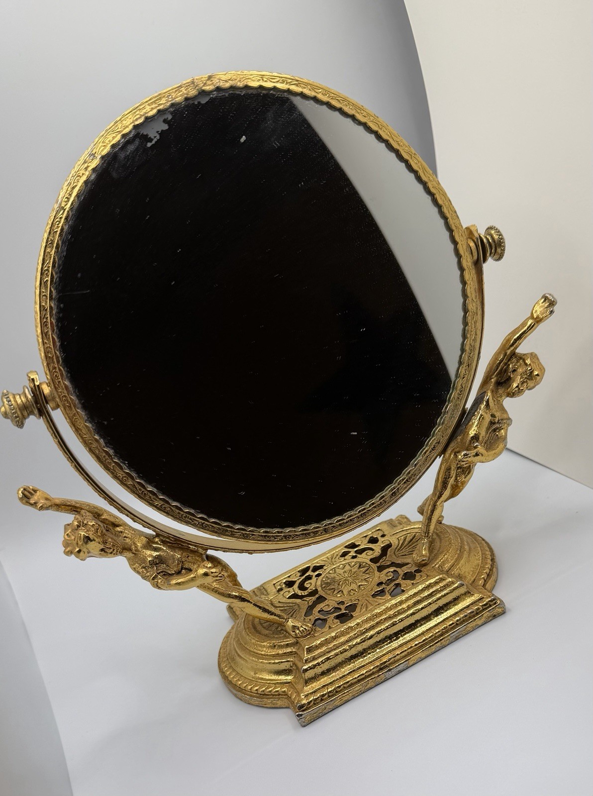 Vintage Gold Guilt Vanity Mirror Swivel Stand Cherub Putti Hollywood Regency