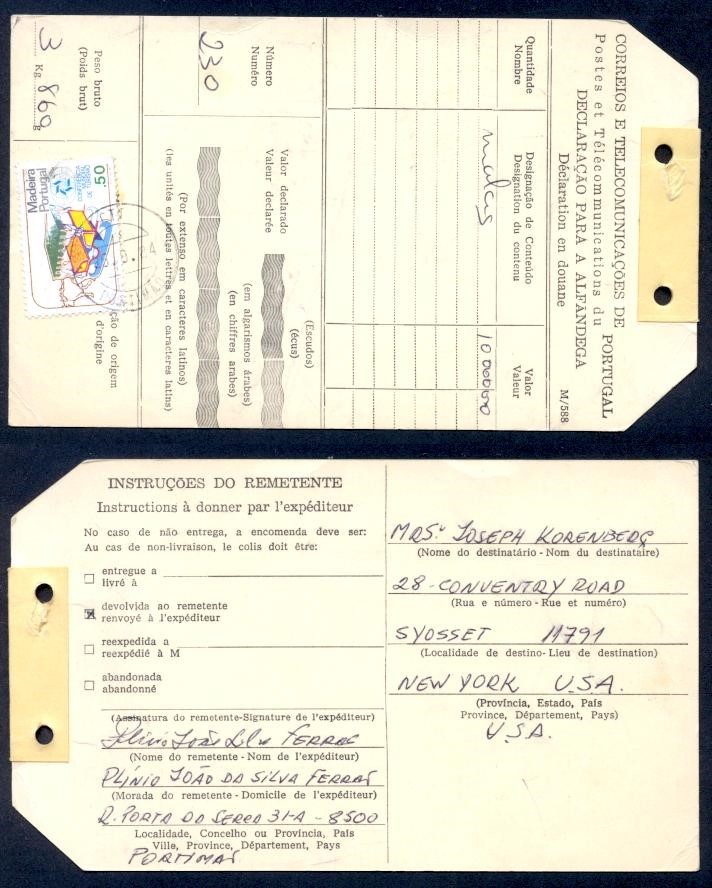 PORTUGAL MADEIRA 1984 TAG TO USA