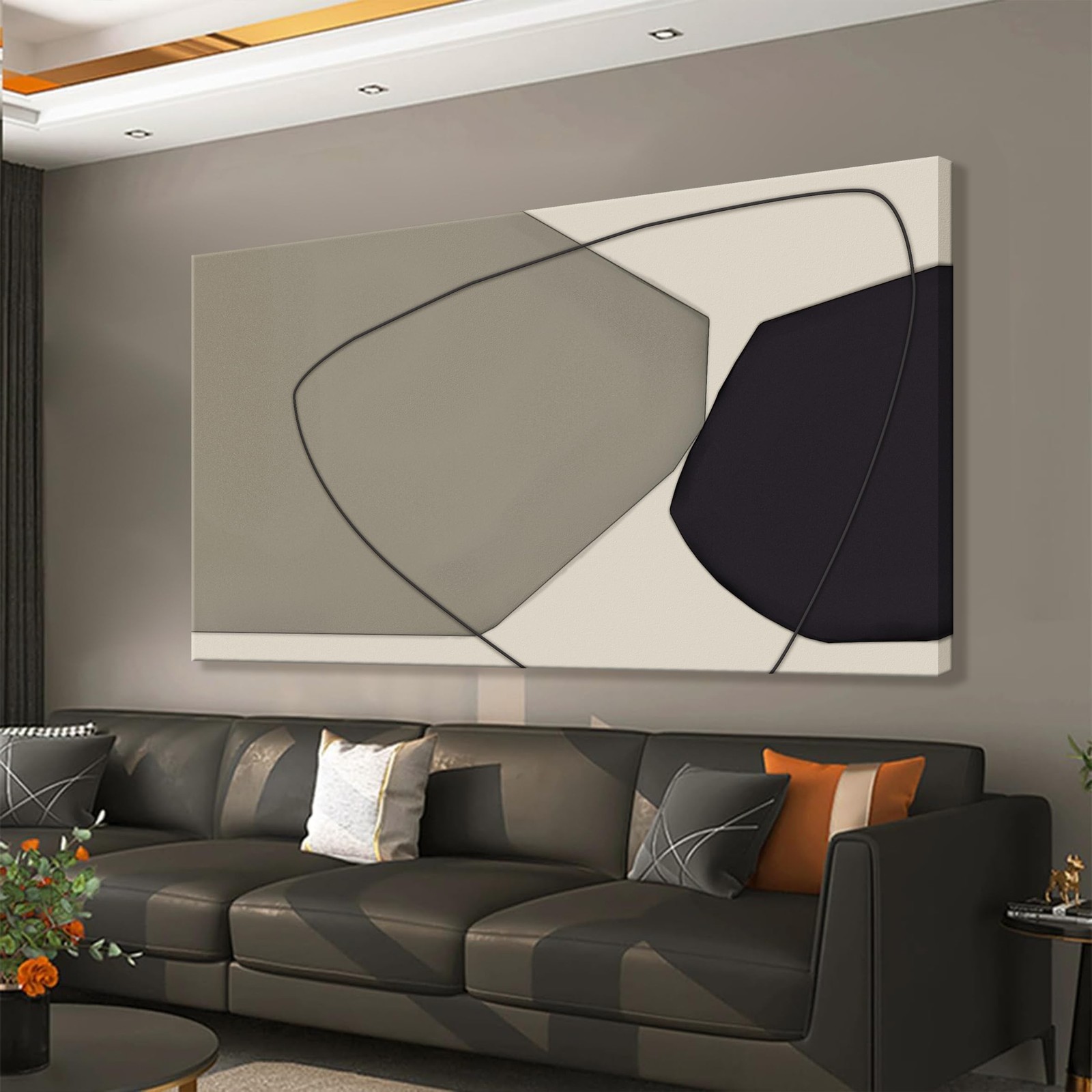Large Abstract Wall Art Black And Grey White Wall Art Geometric Color Block L...