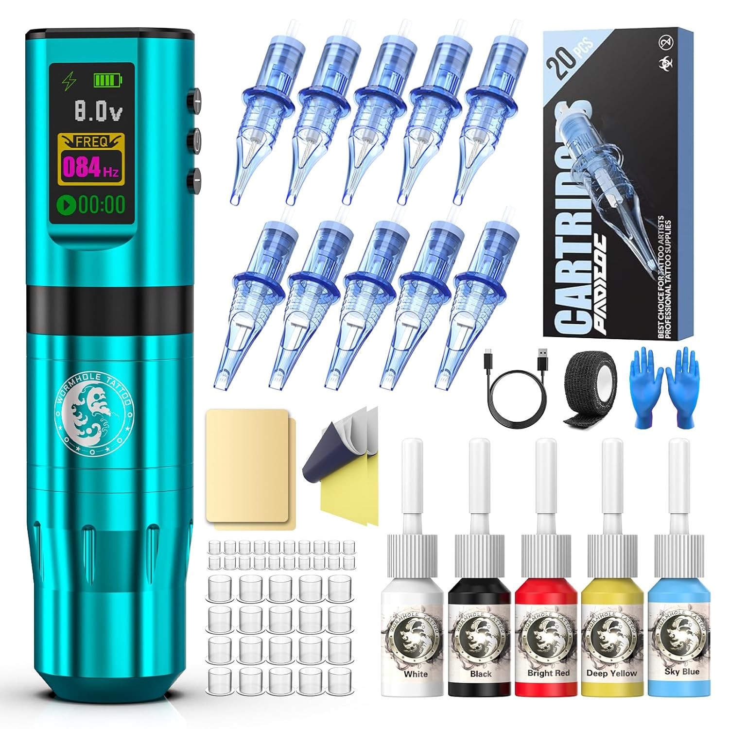 Wormhole Tattoo Kit Wireless Tattoo Machine Kit with Digital Led Display,Blue
