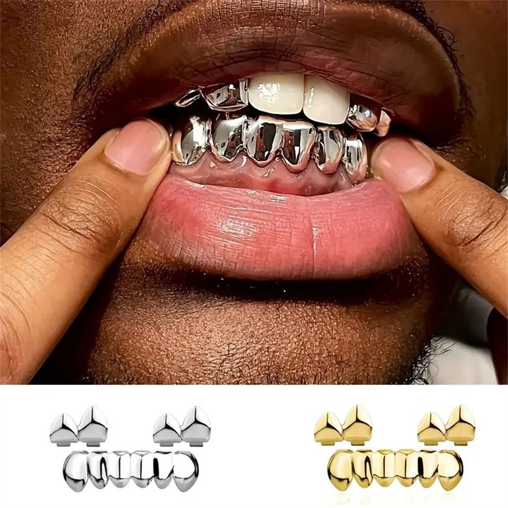 Plated Lower Teeth Grillz & Upper Double Top Teeth 3PCS Set Denture Props