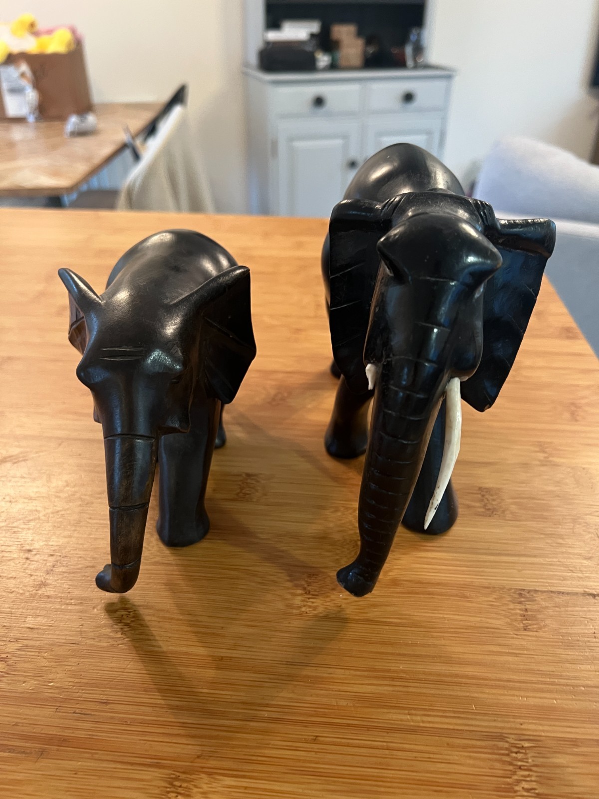 Hand Carved Stained ebony Wooden Elephant Statue 6” & 4.5" tall