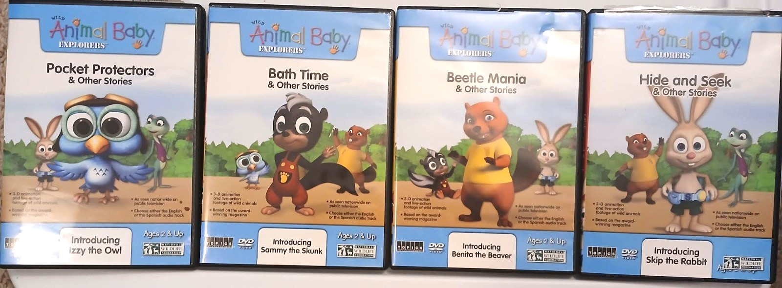 Animal Baby Explorers DVD 4 Set Pocket protectors, Bath time, beetle mania, hide