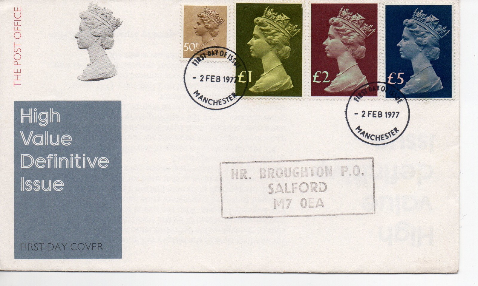 GB - First Day Cover (C 1 ) 1977 Machin - 3 values £1. to £5. + 50p - pmk. M'cr
