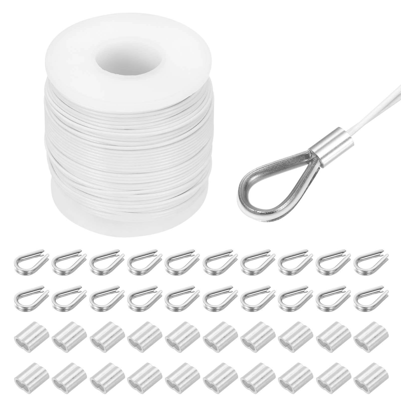 197Ft(60M) Wire Rope Stainless Steel Cable 3/64" 20pcs Sleeves & Thimble White
