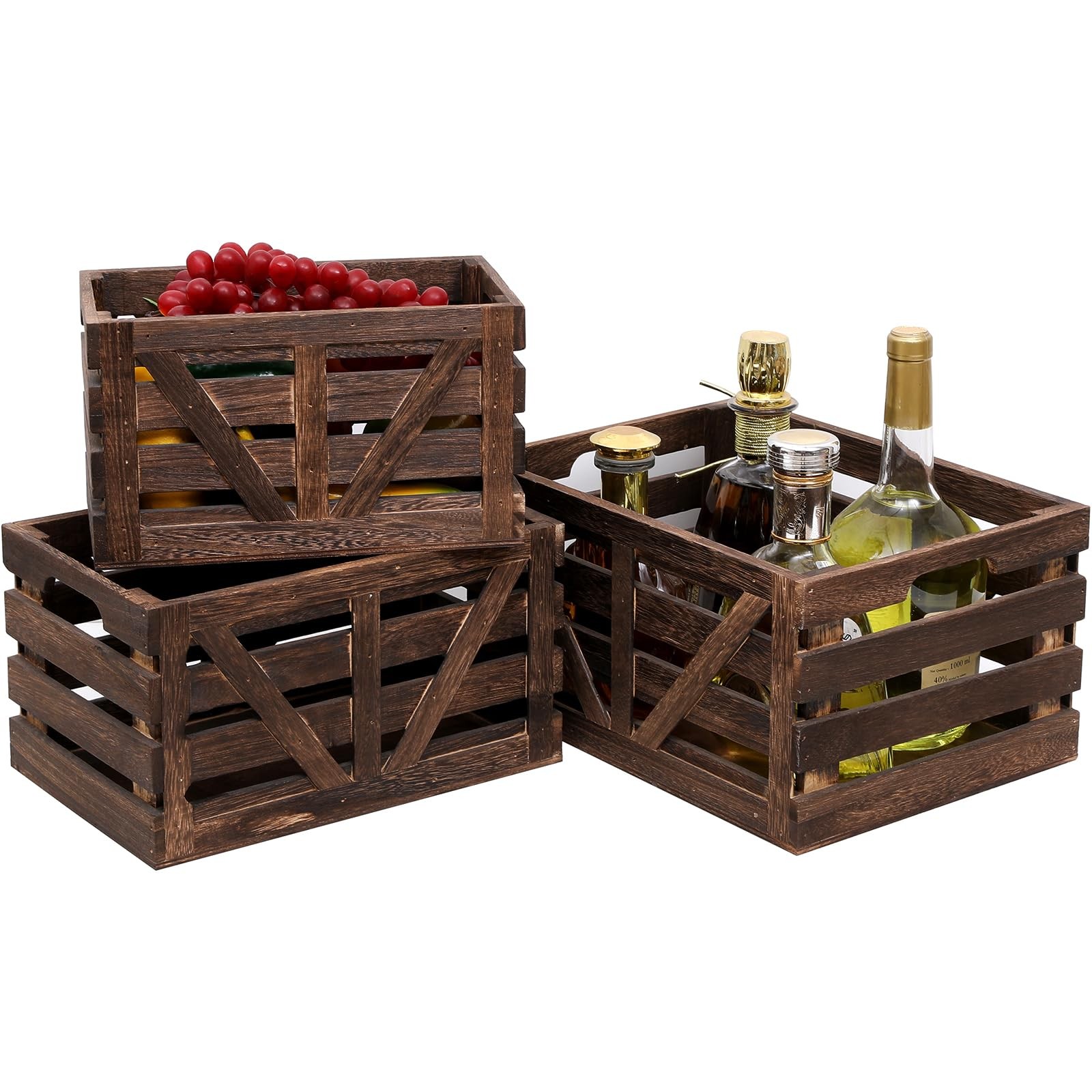 Nested Wooden Storage Crates Set of 3 (L,M,S),Farmhouse Decorative Boxes with...