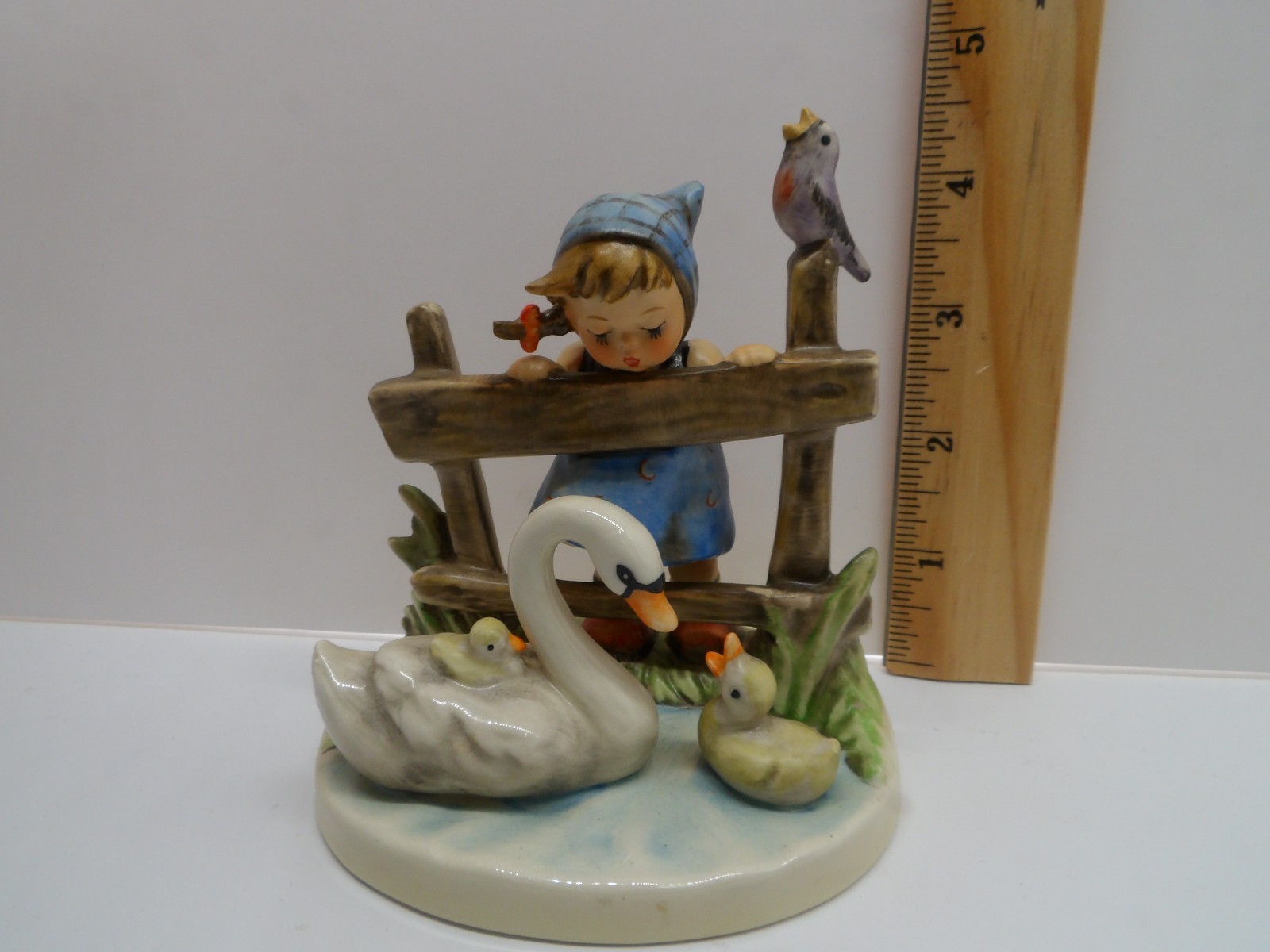 Goebel Hummel Figurine " Feathered Friends " #344 1956 TMK5 Girl at fence Swan