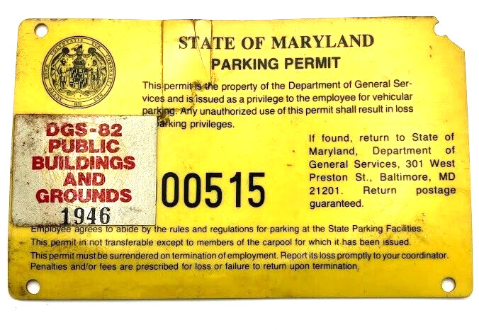 1946 State of Maryland Parking Permit DGS-82 Public Buildings & Grounds 00515