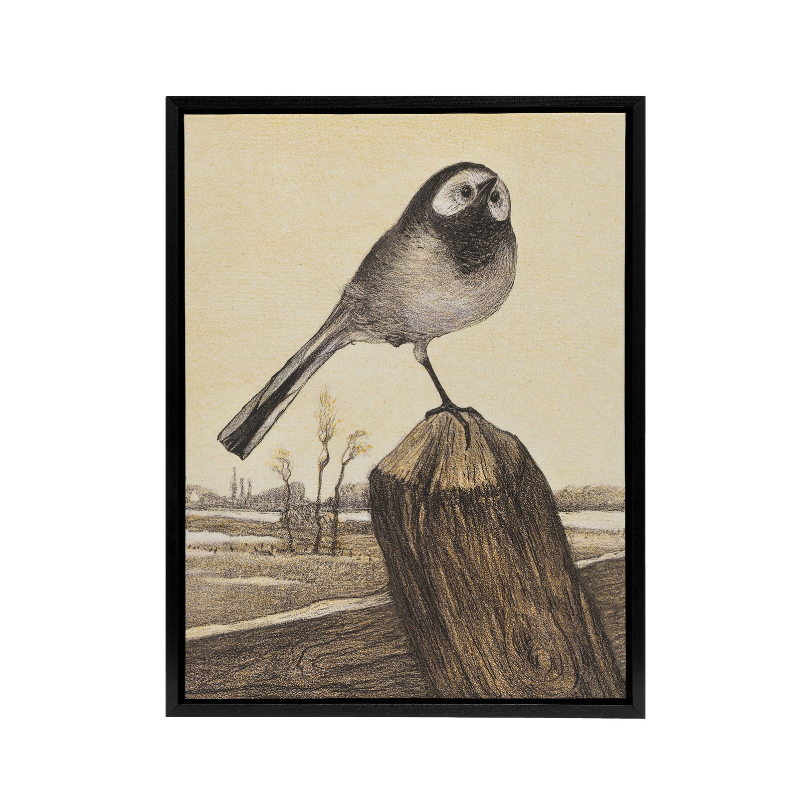Wagtail Bird Perched on Pole Framed Canvas Wall Art Print van Hoytema