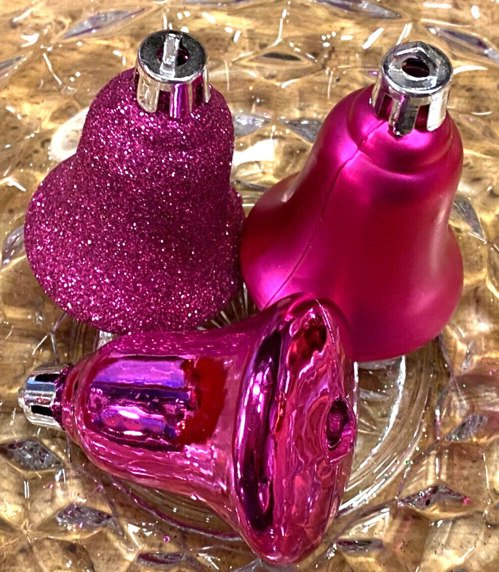 3 Hot Pink Shiny Plastic & Glitter Styrofoam Bell Christmas Ornaments 2"