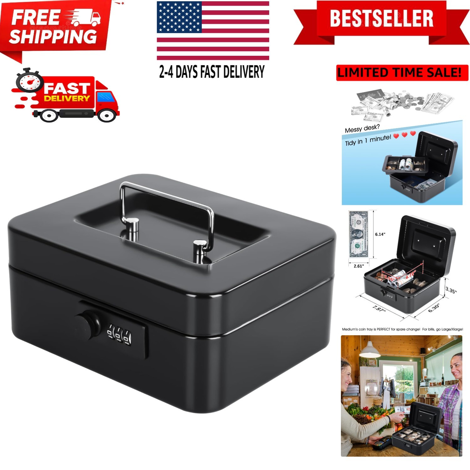 Cash Box with Combination Lock Safe Metal Money Box with Money Tray for Secur...