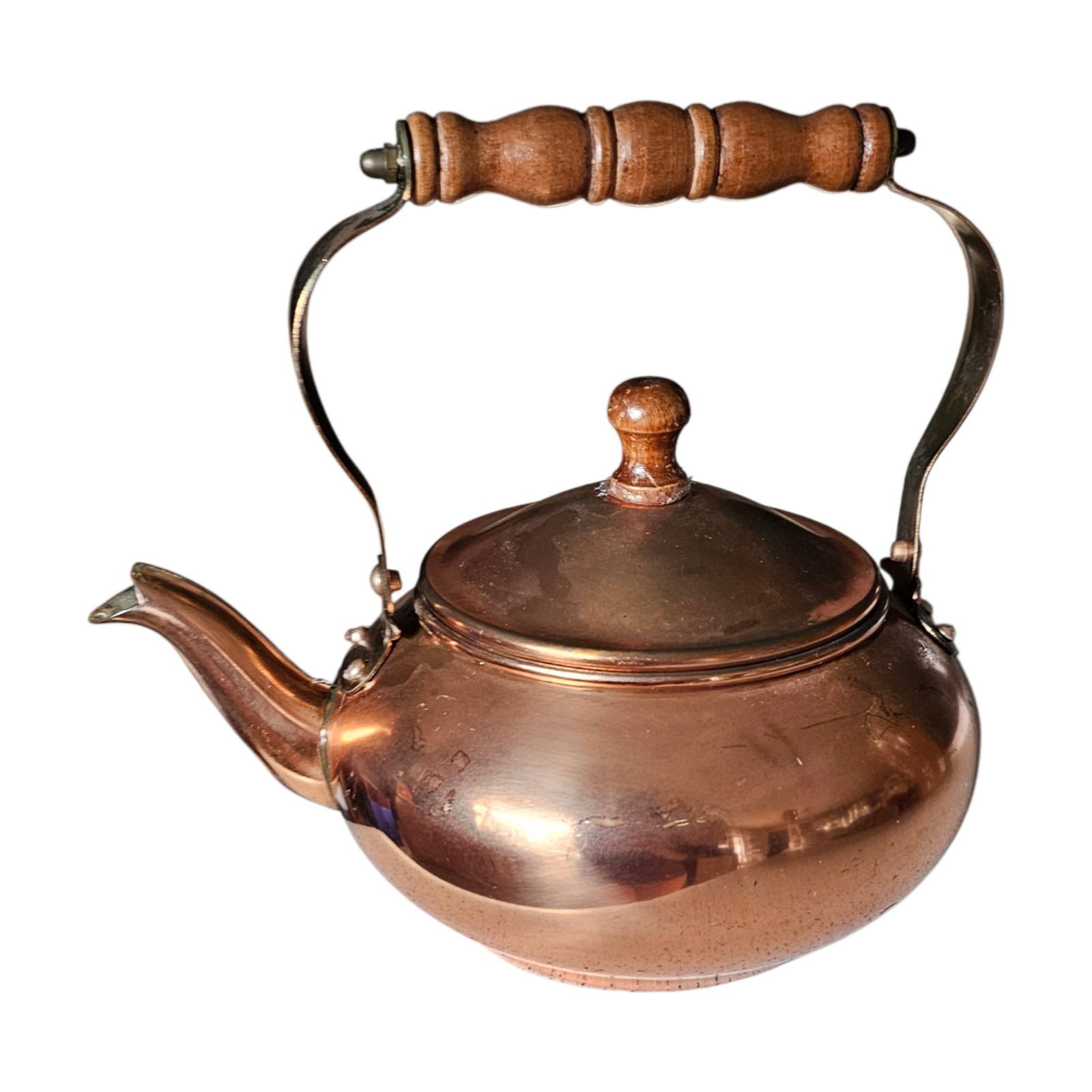 Vtg Copper Kettle Wooden Handle Primitive Patina 1984 Decorative Small 8" X 5.5"