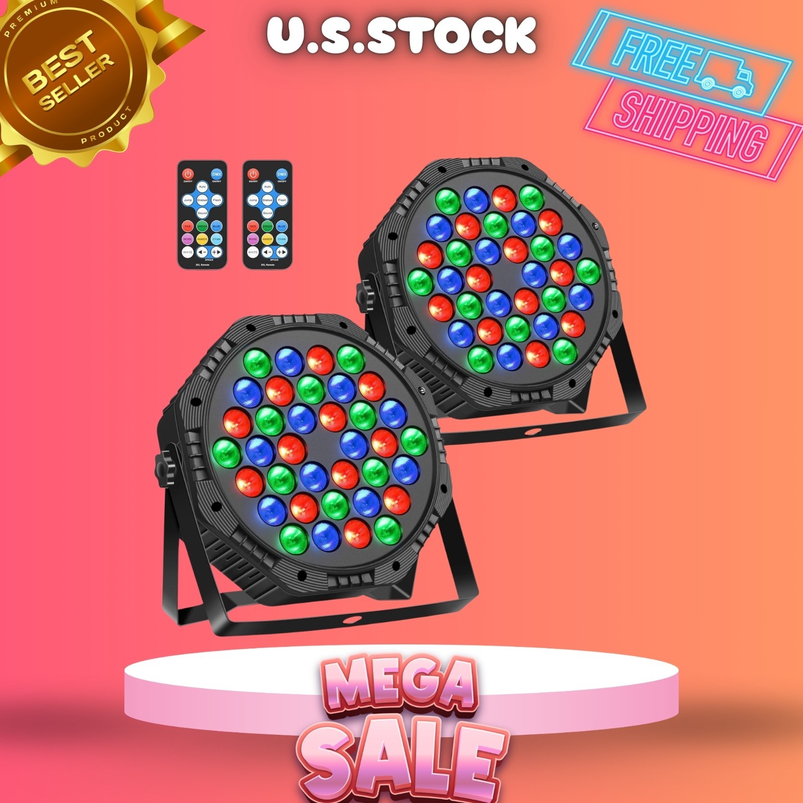 2 Pack 36 LED RGB Stage Lights DJ Party DMX Sound Activated