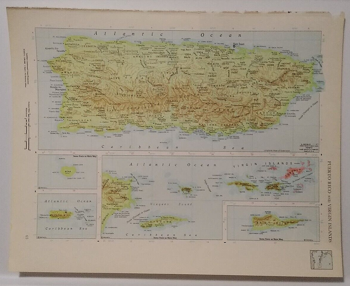 1960's Vintage PUERTO RICO & VIRGIN ISLANDS Atlas Map - Rand McNally World Atlas