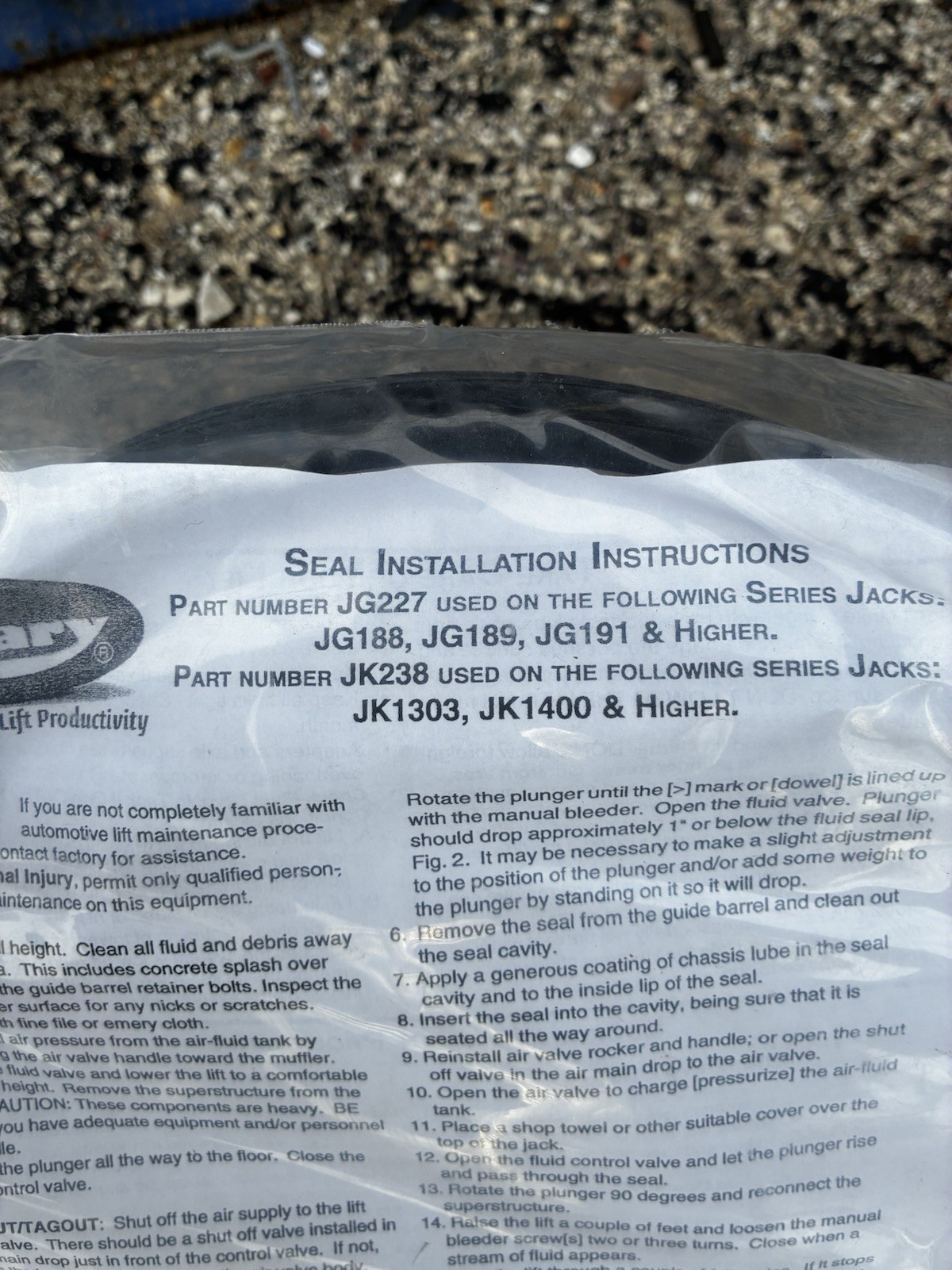 Rotary Lift JK238Kit JG227 Replacement Seal For JG188, JG189, JG191 & Higher