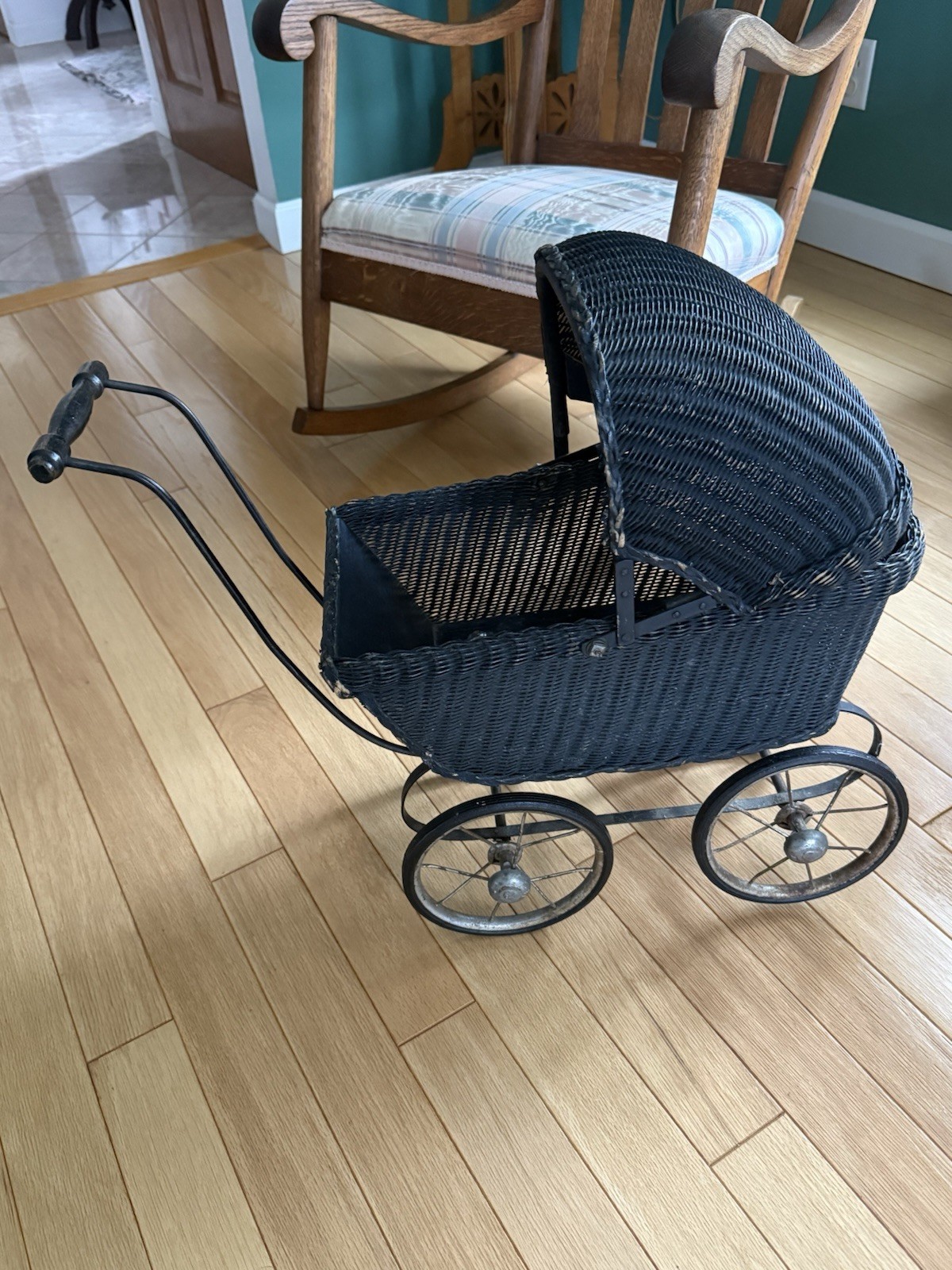 Vintage Black Wicker Doll Buggy Carriage Metal Wheels Rubber Tires