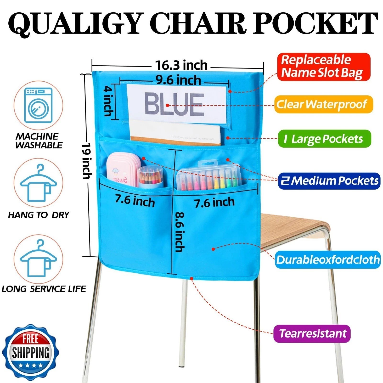 moopok 1/18 Pack Chair Pockets for Classrooms K-2 Chairback Purle