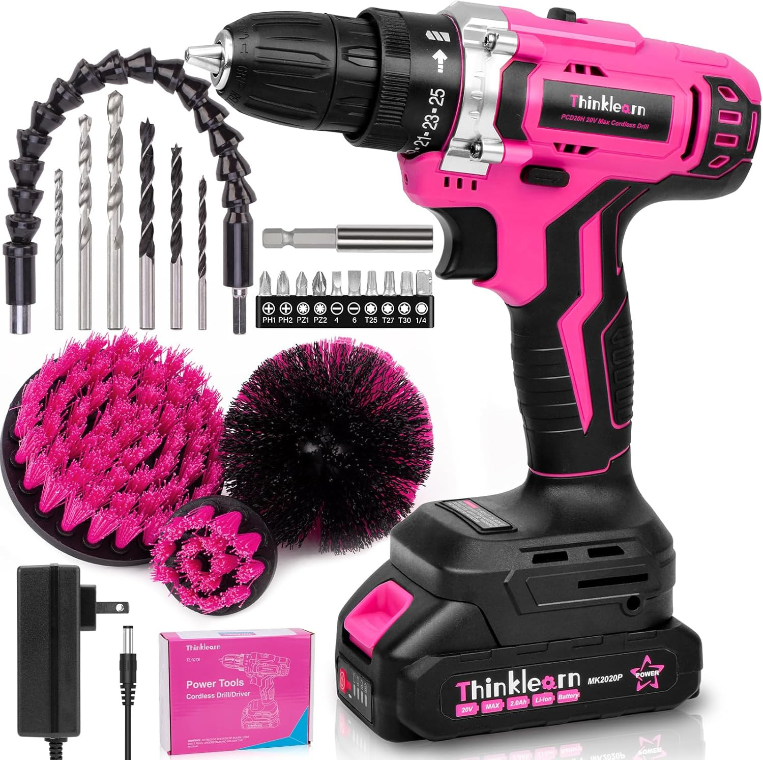 20V Pink Cordless Drill Set - Power Drill/Driver Kit with Drill Brush, Bit Set, 
