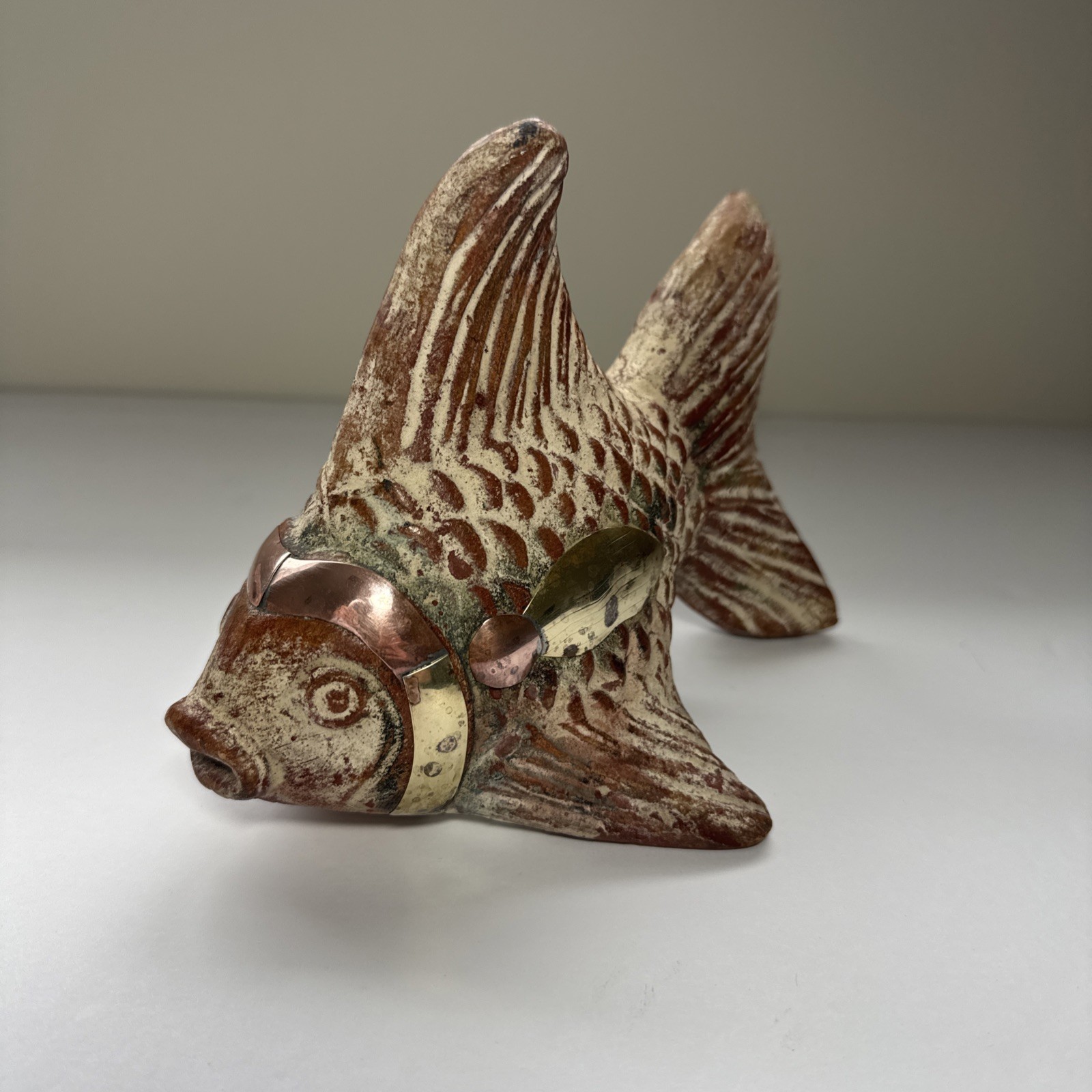 Mid Century Brass Copper Ceramic Fish Tonala Style 7” Long X 5.5” Tall MCM