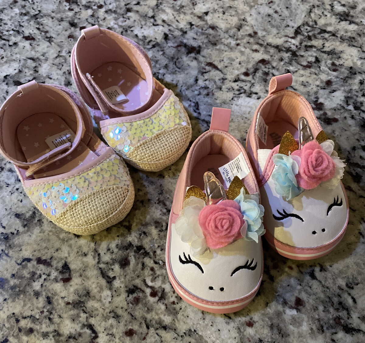 Lot of 2 Baby Girl Size 6-9 Months Shoe: 1 New Glitter Pink  & 1 Used Unicorn   