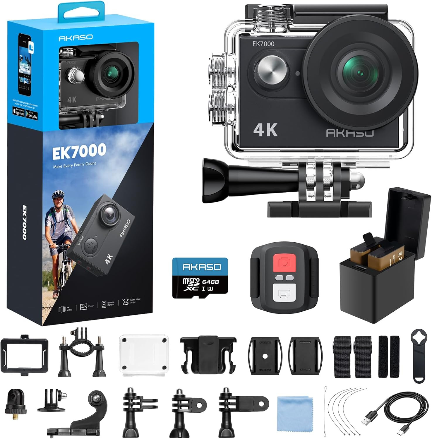 EK7000 4K30FPS 20MP Wifi Action Camera with 64GB Microsd Memory Card Bundle EIS 