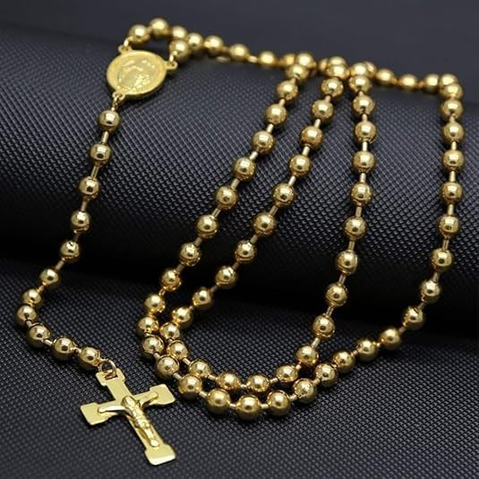 Catholic 18K Yellow Gold Over Rosary Beads 24"Necklace Jesus Crucifix Medal Men