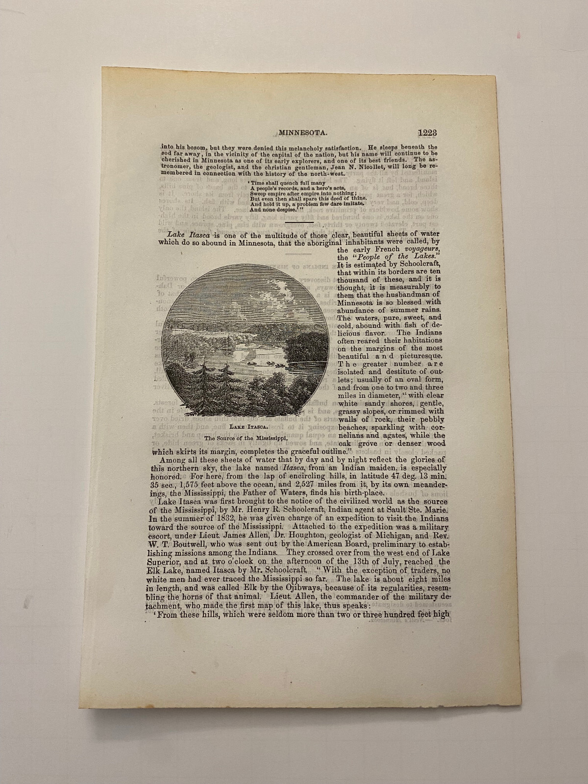 Lake Itasca Glacial Source of the Mississippi River Minnesota c. 1875 Engraving