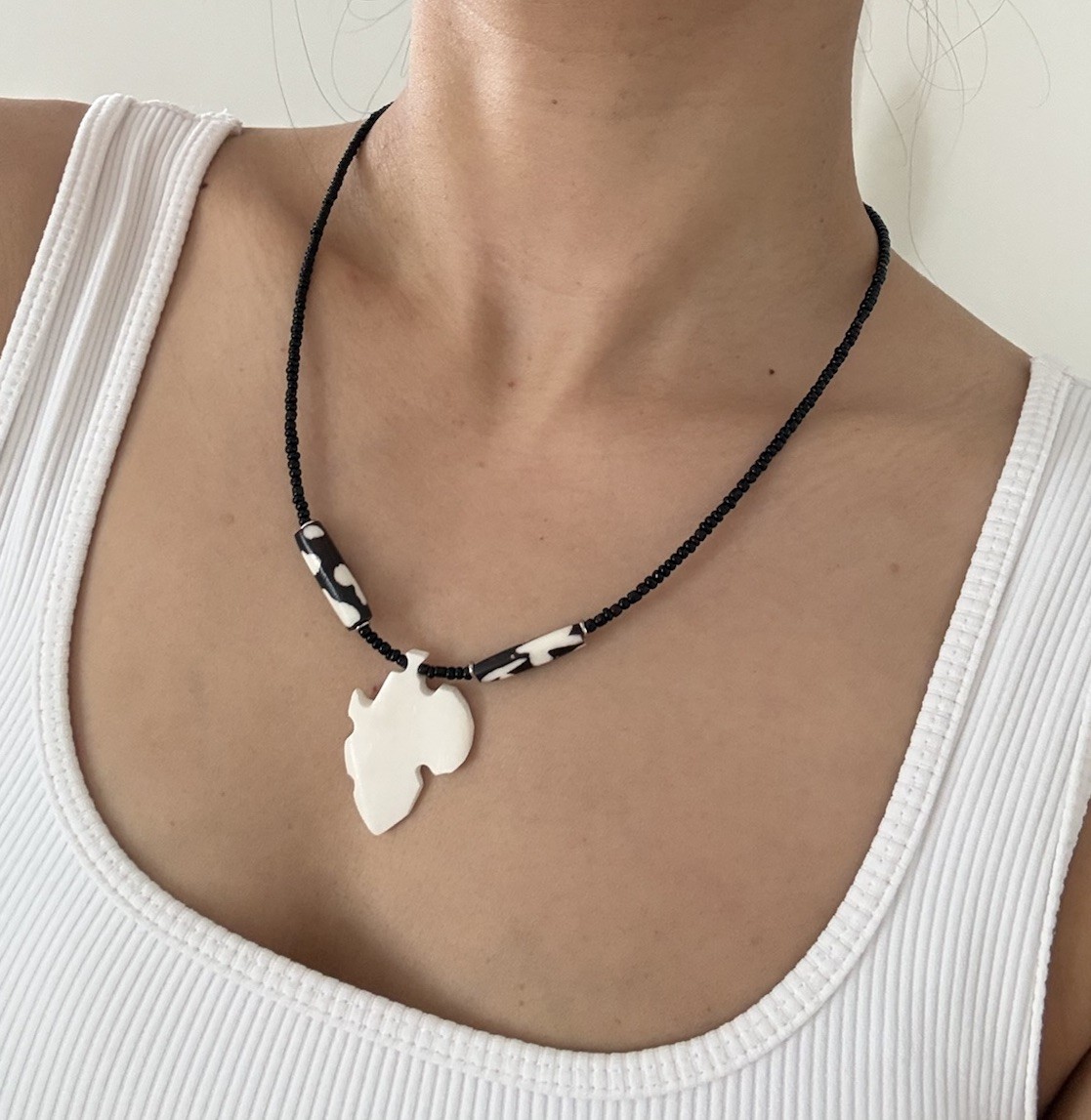 African Black Beaded Map Shape Bone Pendant Necklace 