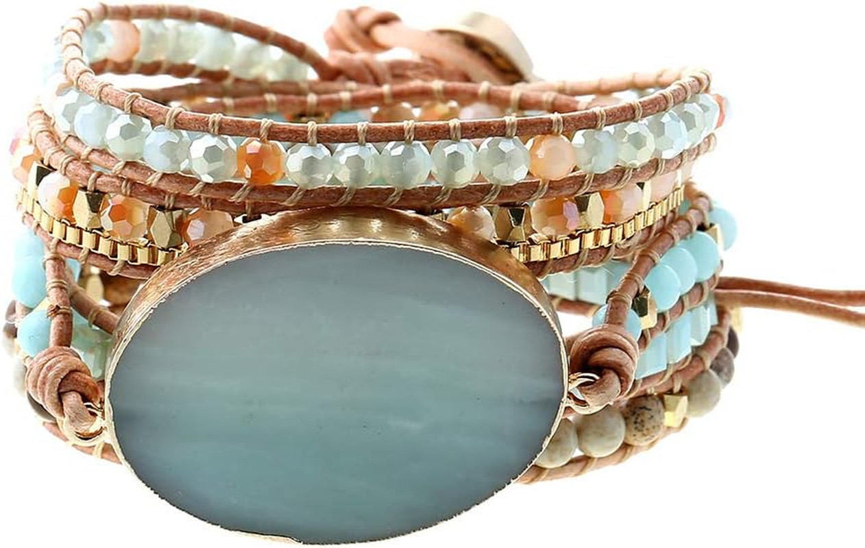 Women Boho Handmade Natural Stone Crystal Leather Bead Wrap Bracelets Collection