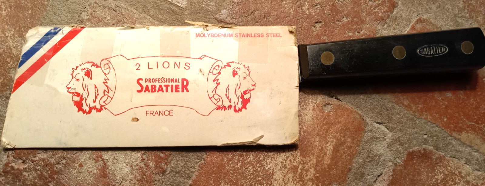 70's 2 Lions Professional Sabatier France Cleaver in Original Cardboard Sheath