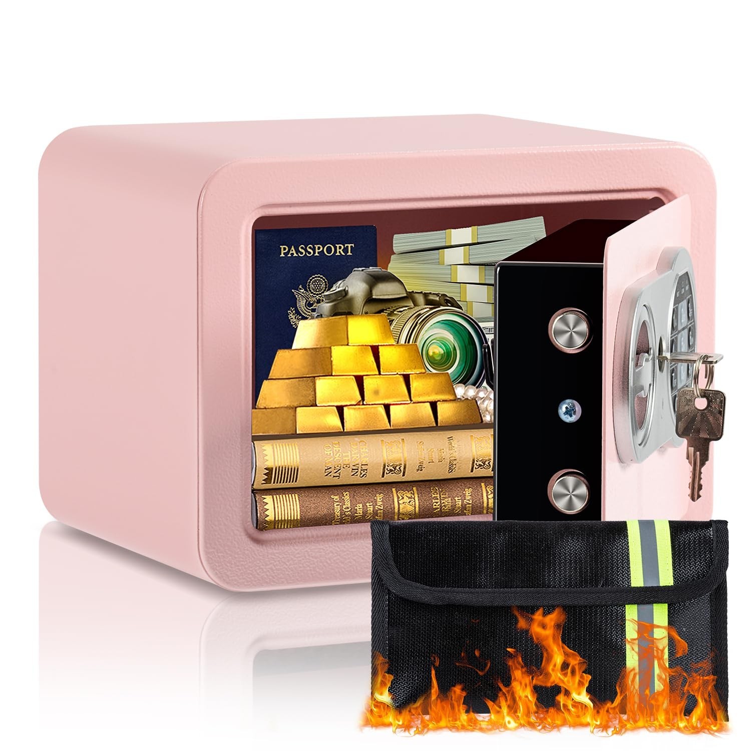 0.23 Cubic Feet Safe Box, Small Safe W/Fireproof Bag, Keys & Pass Code, Digit...