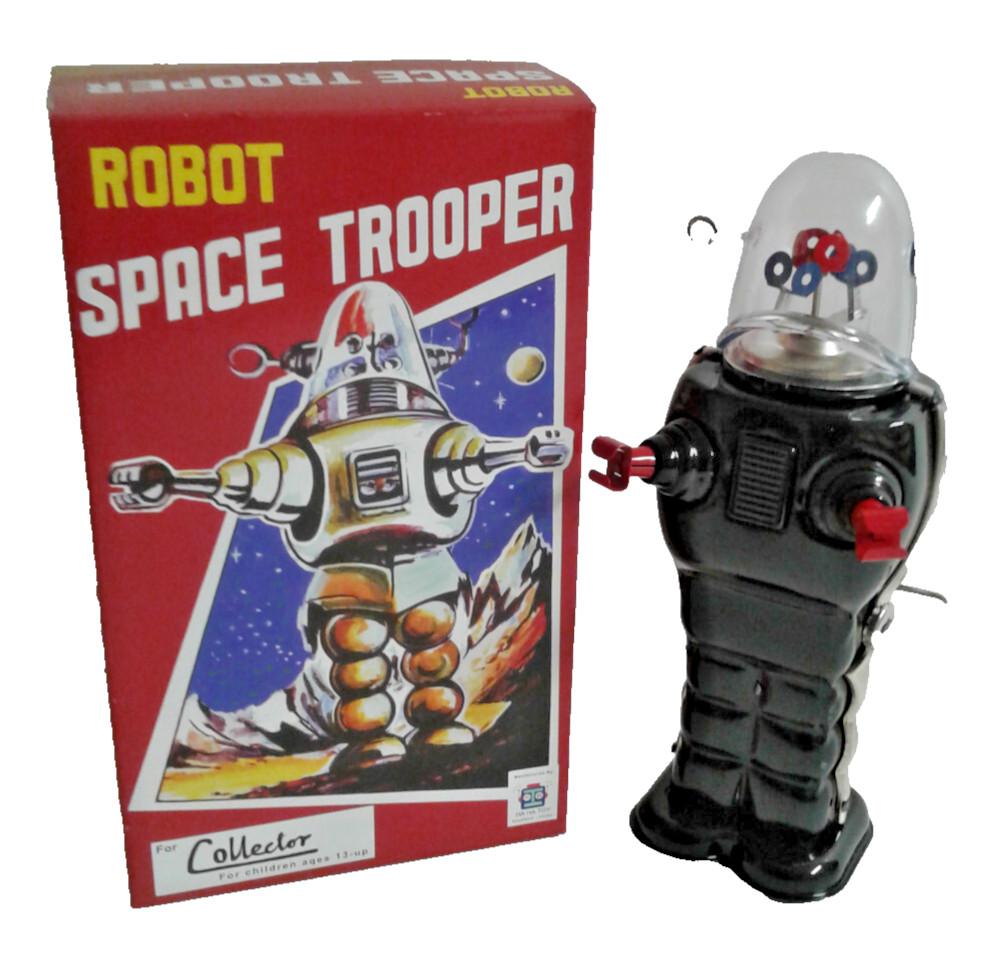Space Trooper Robby Robot Black Tin Wind Up Toy HA HA TOY
