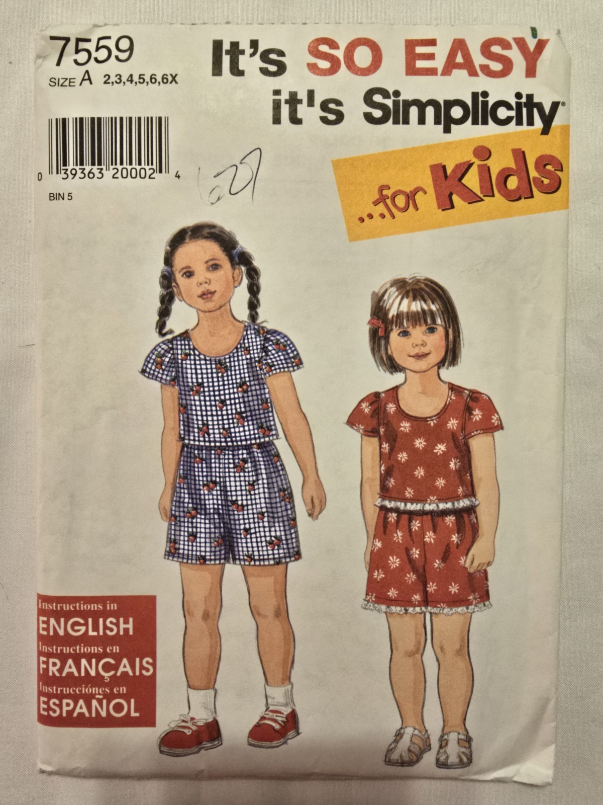 Simplicity 7559 Sewing Pattern Girl's Top Shorts Sz 2,3,4,5,6,6X Uncut