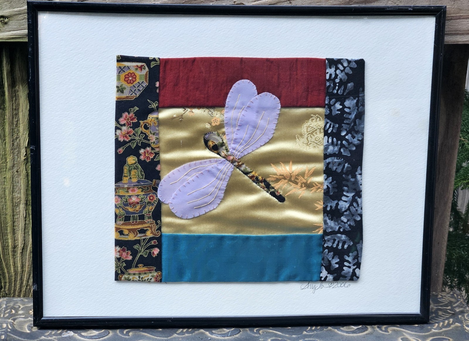 Vtg Textile Silk Fabrics Framed Original Handmade Art Quilt Dragonfly, signed.