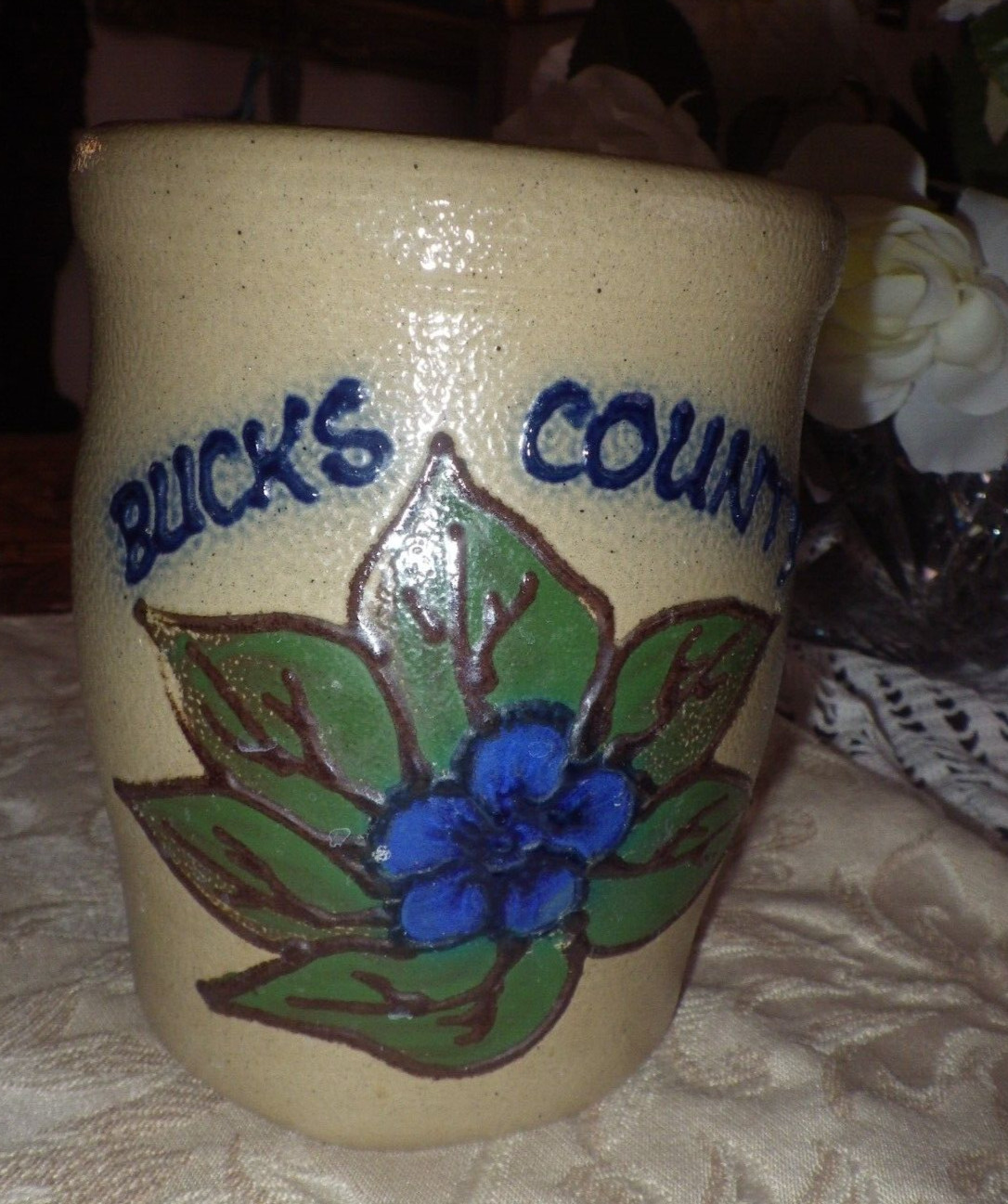 Maple City Pottery Stoneware Tan & Blue Flower Crock Monmouth IL BUCKS COUNTY PA