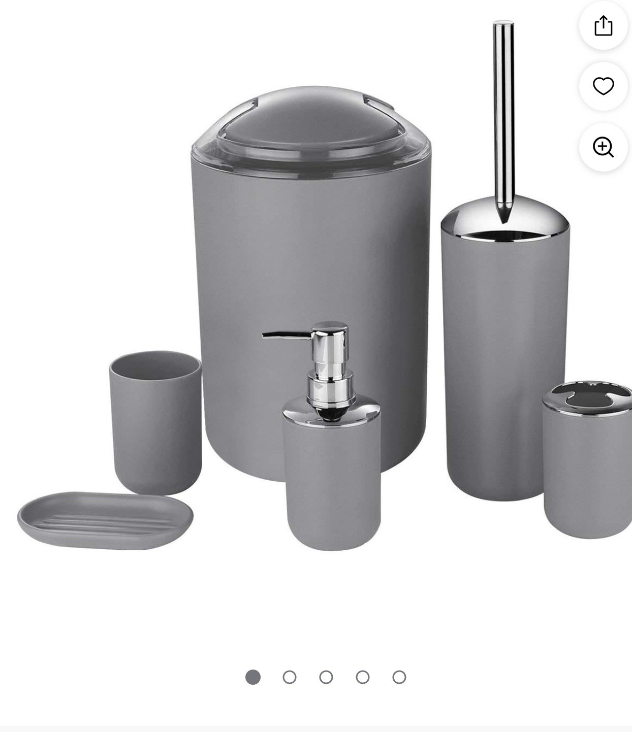 Gray 6-Piece Plastic Bathroom Accessory Set Modern Soap Dispenser Trash Can