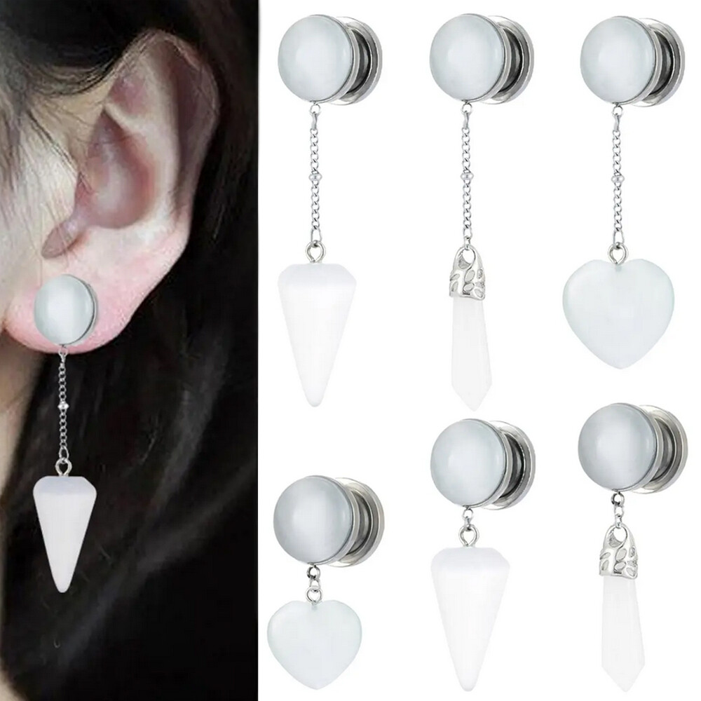 Pair Dangle Natural Stone Ear Flesh Tunnel Plug Flared Screw Fit Gauge Expander