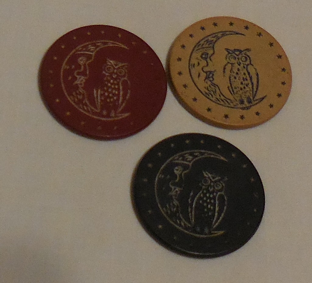 3 ad Owl & Moon Poker Chips Engraved Casino Gaming Clay Antique VTG
