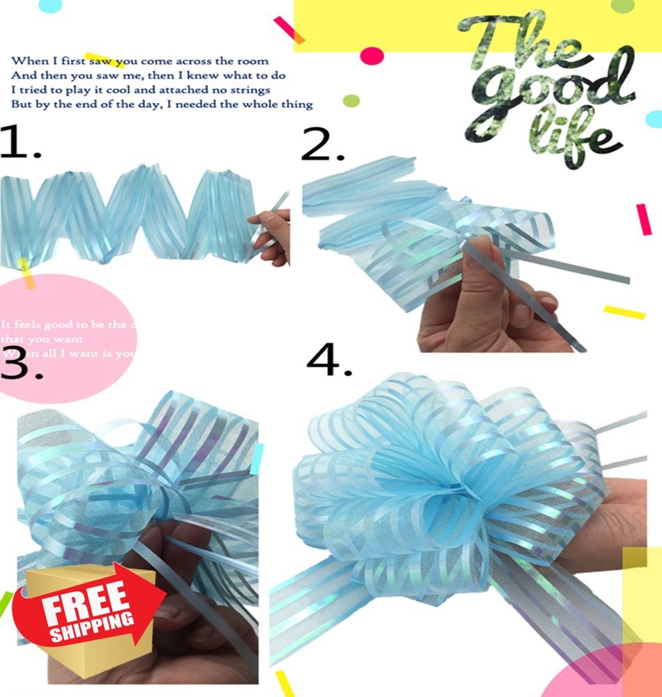 FQTANJU Organza Pull Bow Large 6 Inches 5 Pcs Light Blue