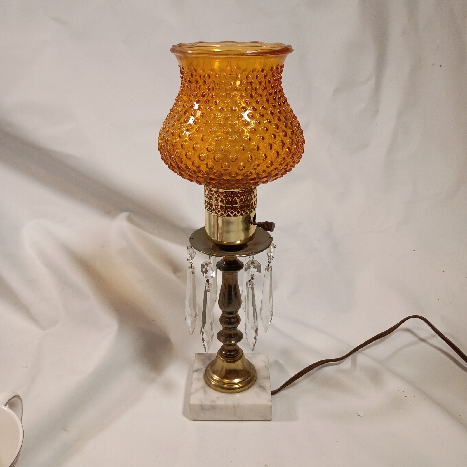 Vintage Amber Hobnail Glass Table Lamp Marble Base Crystal Prisms Hollywood Rege