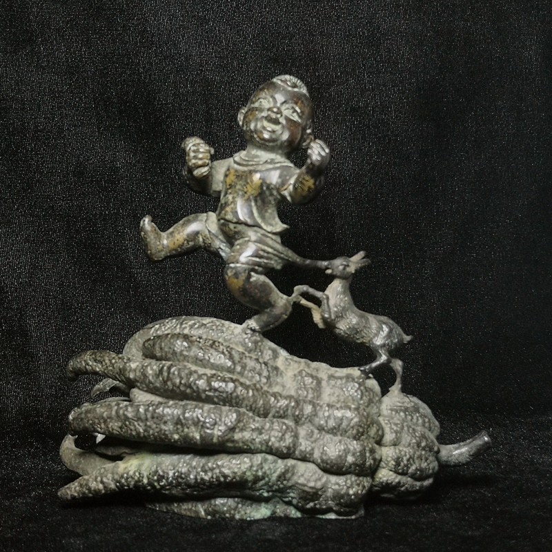 L 6.2 Inch Mark Chinese Qing Qianlong Year Bronze Carving Ruyi Sheep Boy Statue