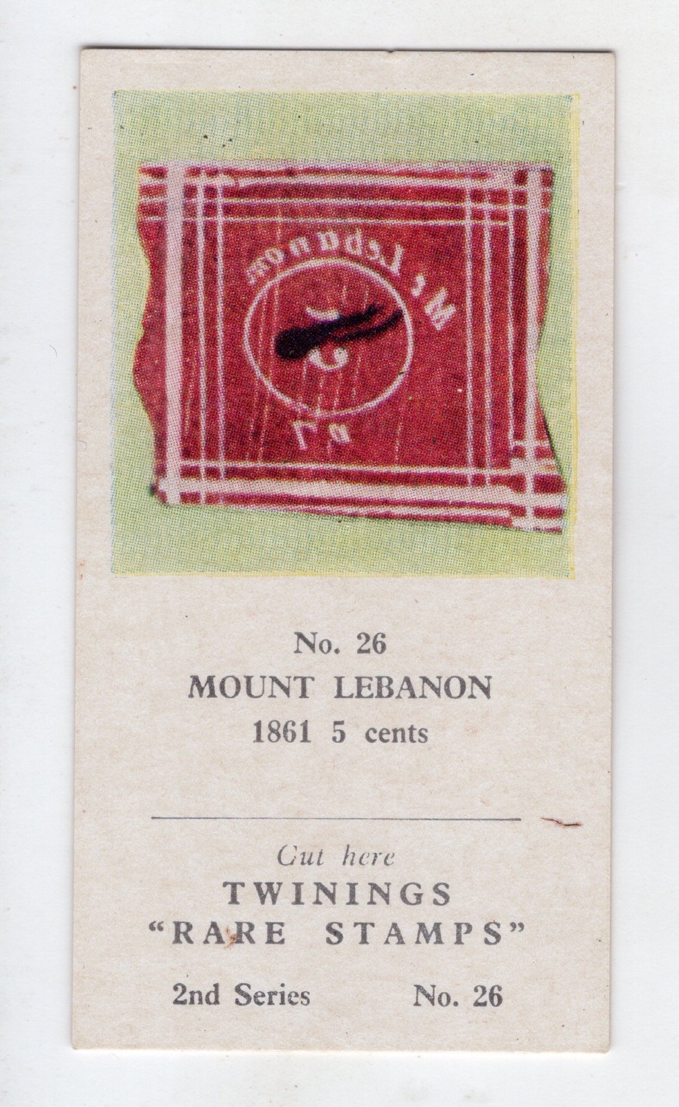 Twinings Tea Rare Stamps “CARD” 1960 #26 Mount Lebanon 1861 5 cents