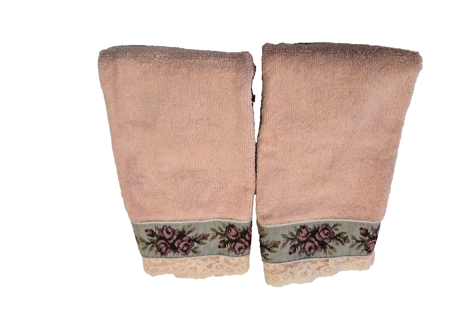 Vtg Faux Rose Needlepoint & Lace Decorative Terry Cloth 2 Hand Towels Soft Pink