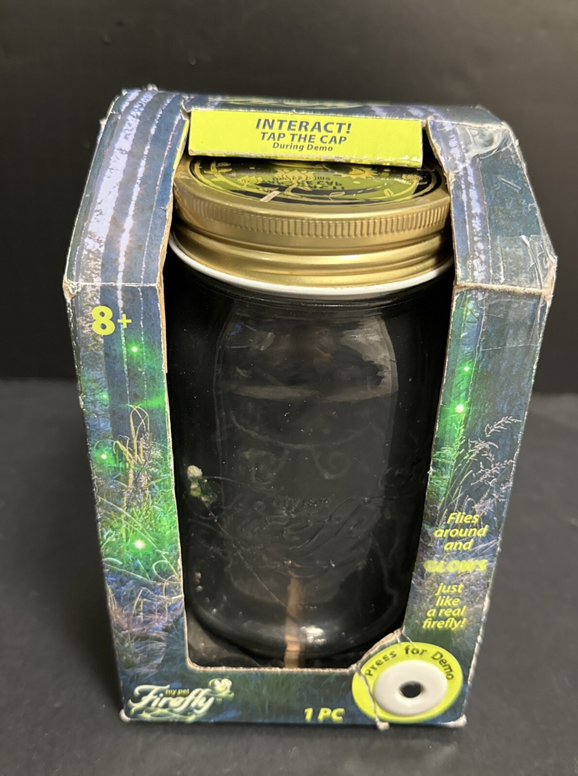 Gemmy My Pet Firefly Glows Glass Jar Green Color Tested Lights Movement Video